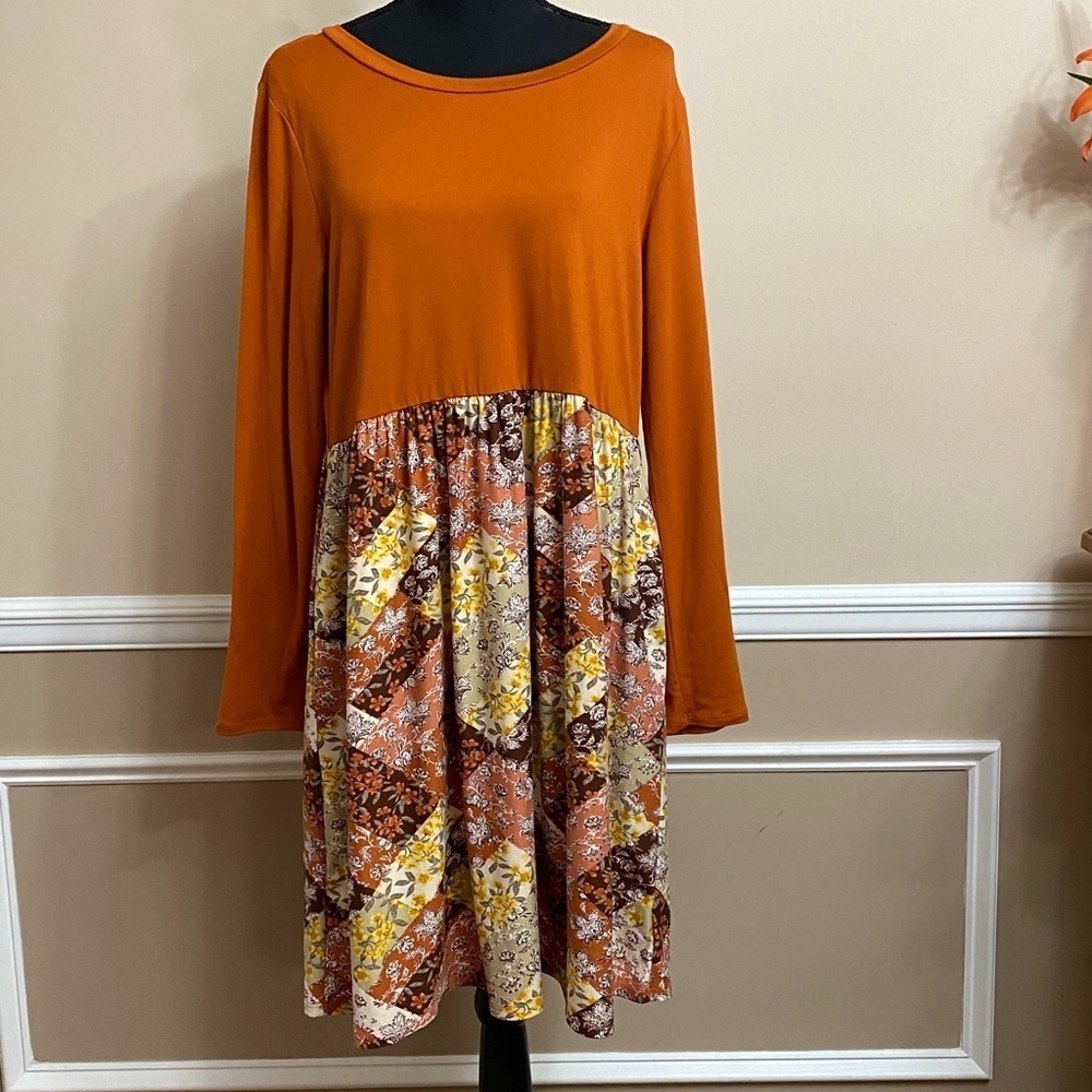 Orange and Floral Long Sleeve Dress